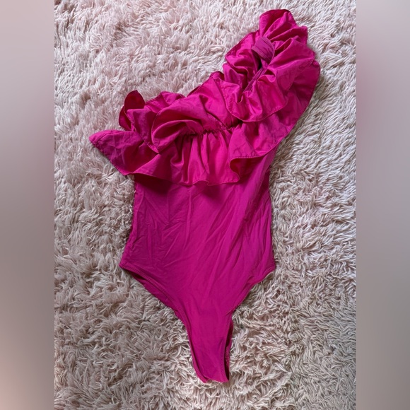 Zara Tops - Zara Pink One-Shoulder Ruffle Bodysuit